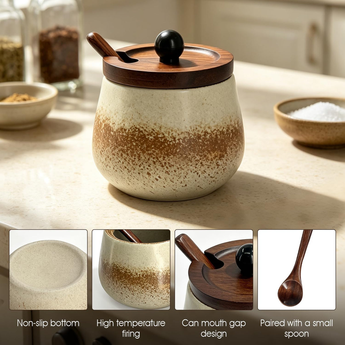 Ceramic Salt Cellar Bamboo Lid Spoon 3.5" Wide 12oz