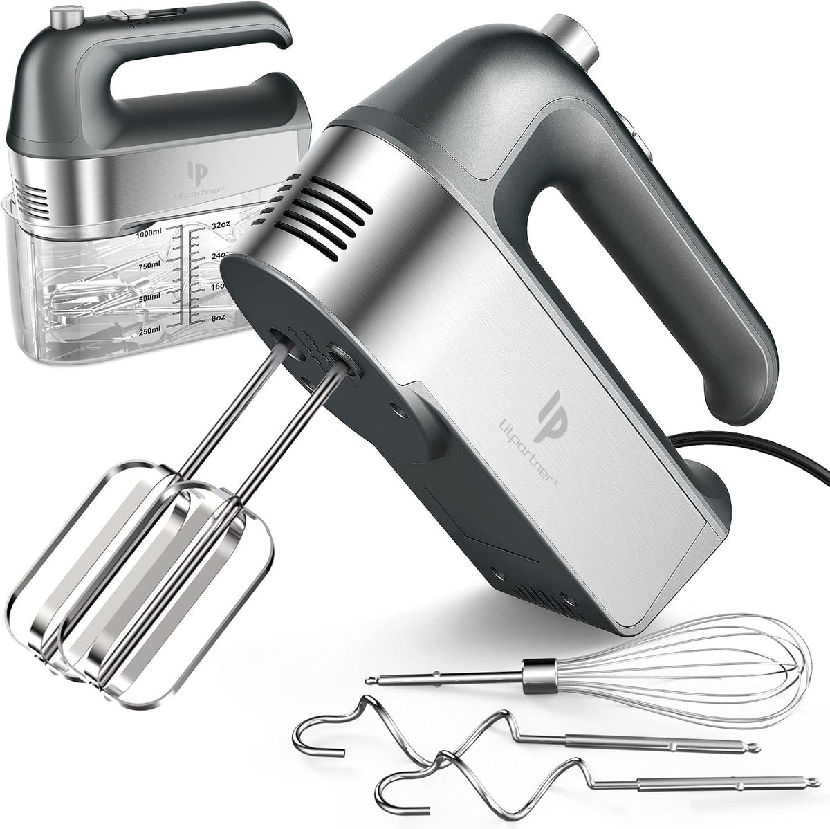 Hand Mixer Electric, 450W Kitchen Mixers with Scale Cup Storage Case, Turbo Boost/Self-Control Speed + 5 Speed + Eject Button + 5 Stainless Steel Accessories, For Easy Whipping Dough, Cream, Black