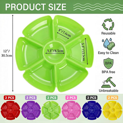 AVLA 12 Pcs Plastic Snack Serving Tray, 12 Inch Unbreakable Chip and Dip Divided Serving Plates, Round 7 Compartments Multifunctional Food Platter for Snack, Nuts, Candy, Dried Fruit, Veggies