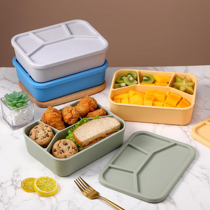 Honeydak 6 Pcs Silicone Bento Box Reusable Lunch Container 4 Compartment Snack Boxes with Lid Smooth LeakProof Rectangle Food Boxes for Adult Work Travel Food Storage (Cute Color)