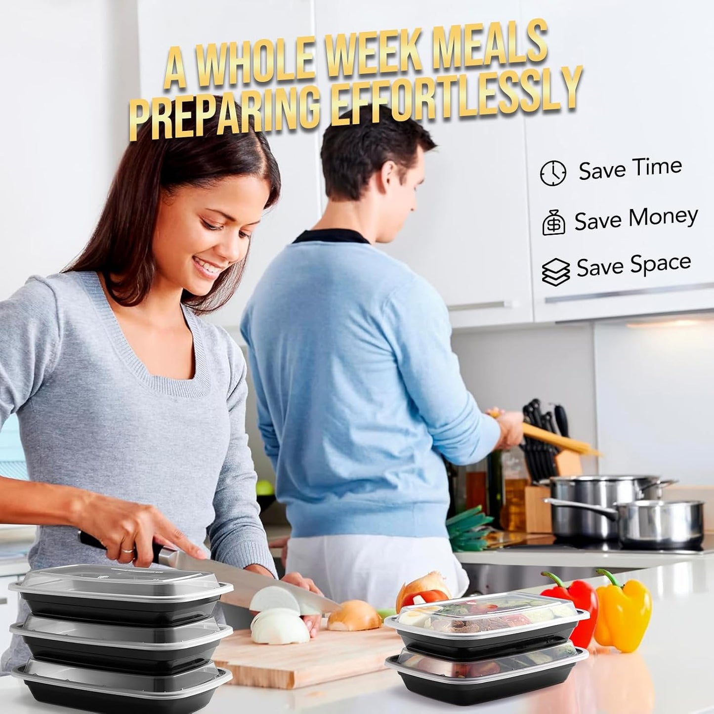 Glotoch 10-Pack Meal Prep Containers with Lids (20-Piece Set), 24 oz Reusable Food Storage Containers, Heavy-Duty Leakproof Bento Boxes, BPA-Free, Microwave/Freezer/Dishwasher Safe, Black