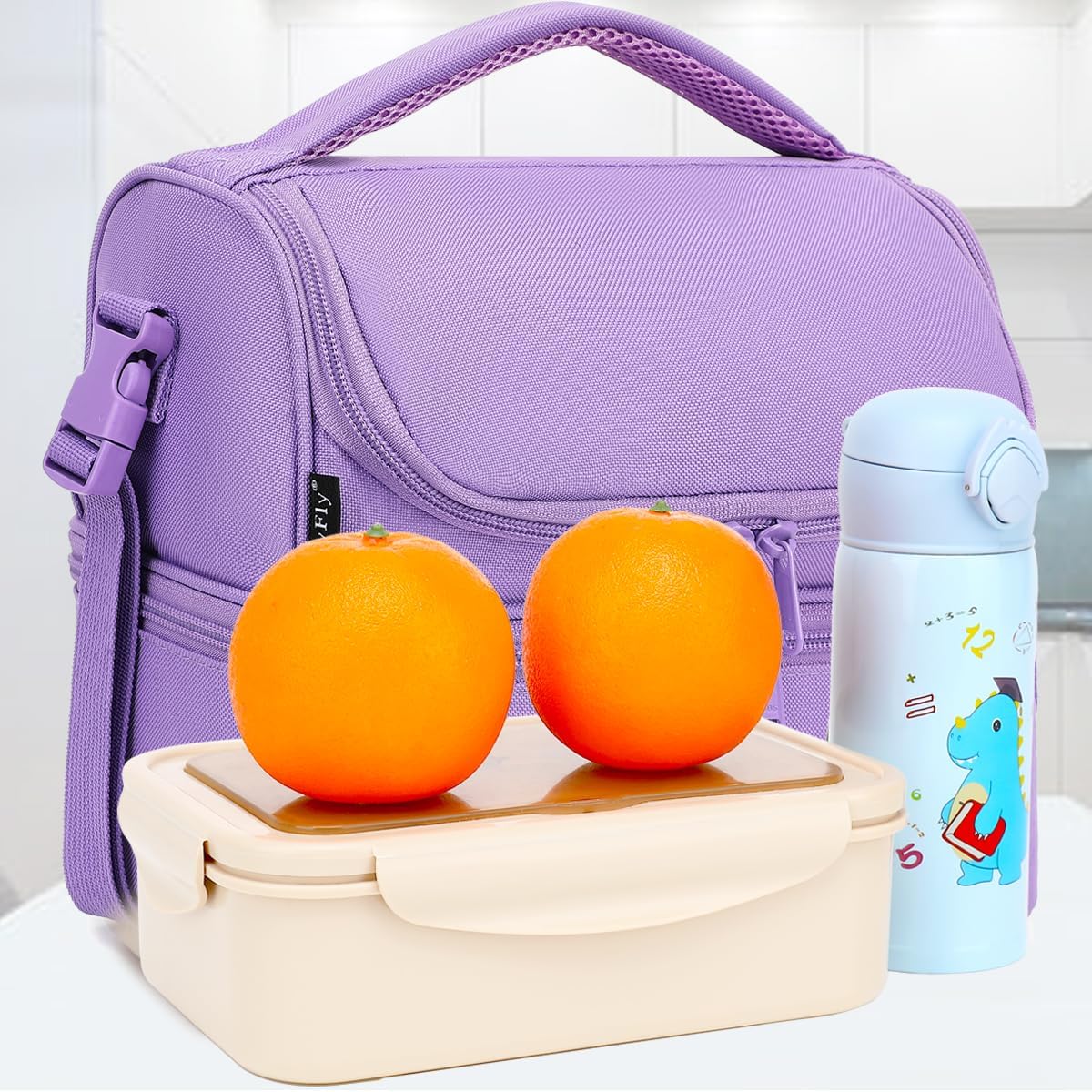FlowFly Kids Double Decker Cooler Insulated Lunch Bag Large Tote for Boys, Girls, Men, Women, With Adjustable Strap, Unicorn