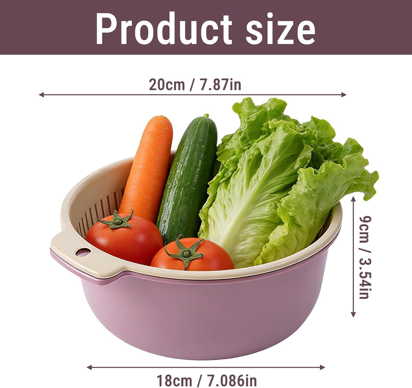 2 in 1 Colander Bowl Set, Detachable Strainer and Serving Bowl Kitchen Fruit Vegetable Washing Drainer for Home Meal Prep and Salad Making (Extra Large 20x9x24cm)
