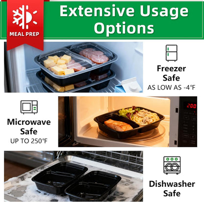 Meal Prep Containers 2 Compartment 15 Pack, 28 oz Divided Reusable Food Storage Containers with Lids Takeout Food Storage Containers Black, Microwave Dishwasher Freezer Safe, Stackable, BPA Free