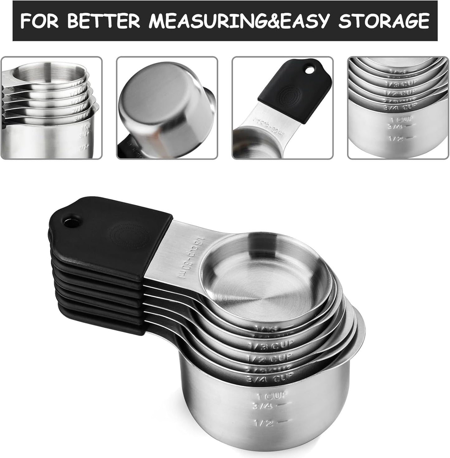 Magnetic Measuring Cups and Spoons Set, N52 Magnetic spoons Nesting Design, 304 Stainless Steel measuring cups, BPA Free, Dual-sided Design Set of 15 with Leveler for Dry & Liquid Ingredients Black