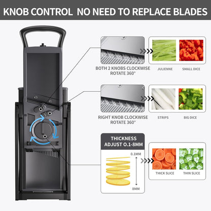 8 in 1 Mandoline Slicer for Kitchen, Vegetable Chopper, Potato Slicer, Fry Cutter Onion Chopper with Drain Basket Food Container with Lid, Stainless Steel Cheese Grater for Quick Meal Pre (Black)
