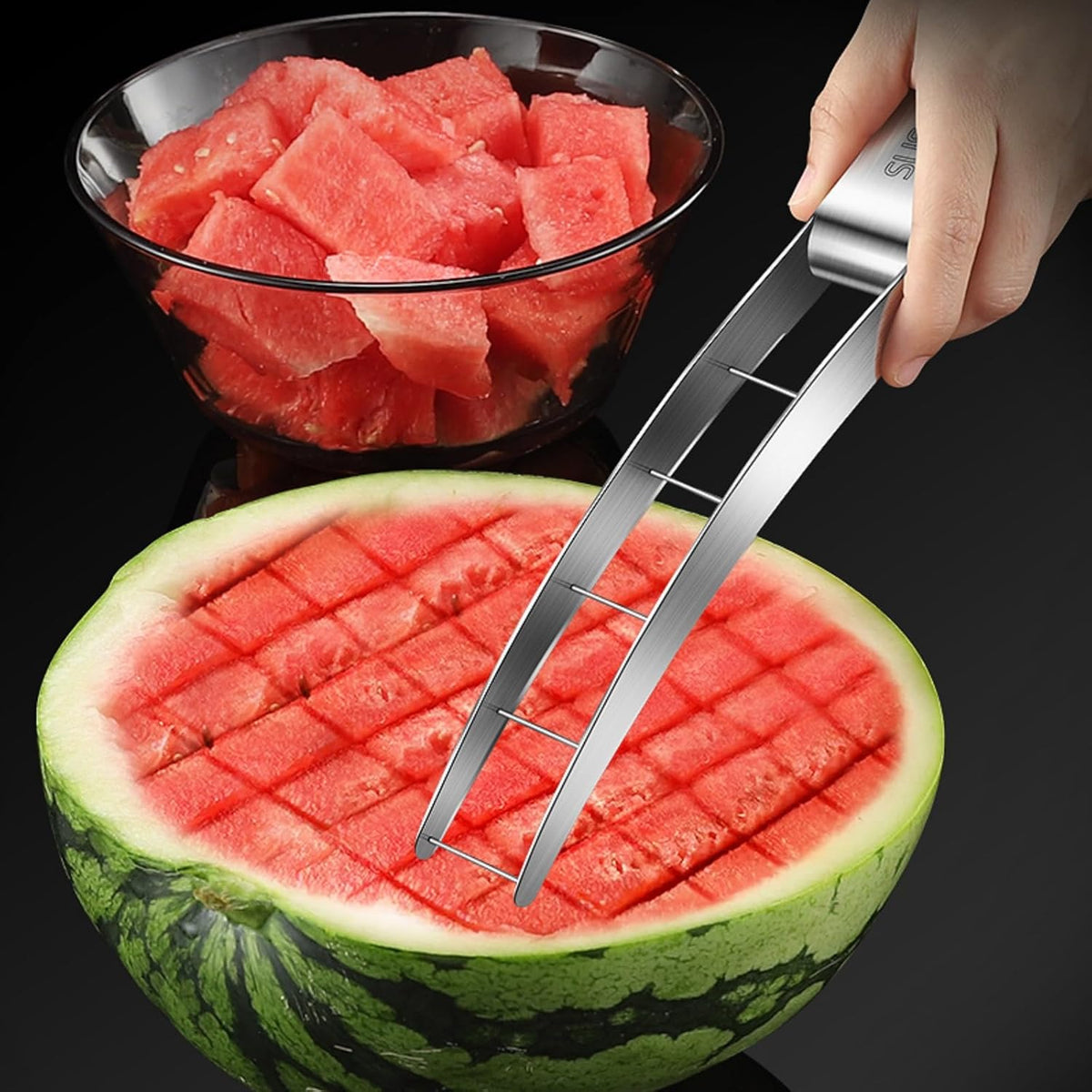 Wtermelon Cutter Slicer Cut Watermelon Into Cubes Knife Melon Baller for Kitchen Gadgets Useful Cool Tool, Large, Silver