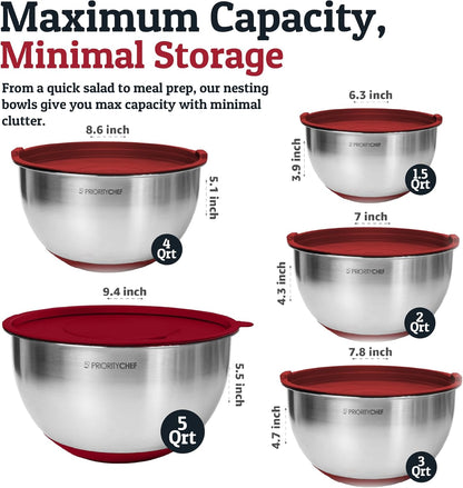 Priority Chef Stainless Steel Mixing Bowls with Lids Set, Metal Nesting Bowls with Airtight Lids, Graters, Non-Slip Base & Measurement Marks, Includes Utensil Set for Prep, Baking & Storage, Black
