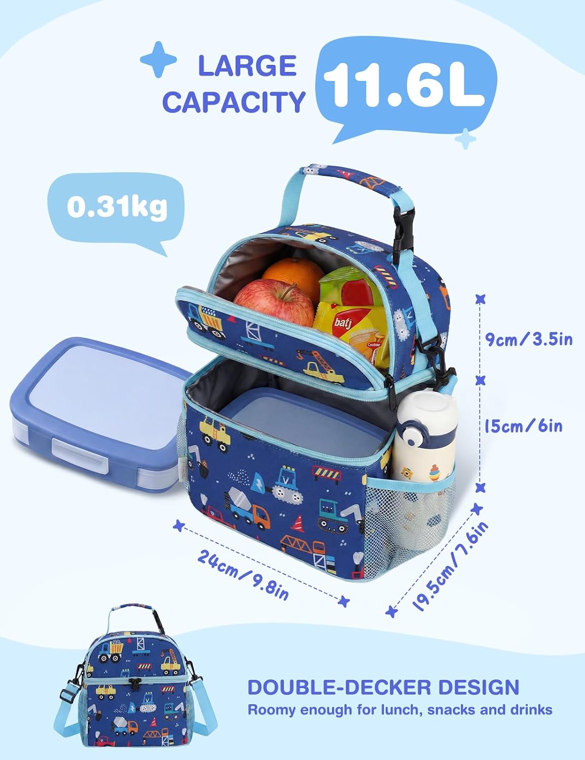 VASCHY Lunch Box Bag for Kids, Insulated Double Compartments Cooler Lunch Tote for Toddlers Boys Girls School/Daycare/Picnic Black Dinos