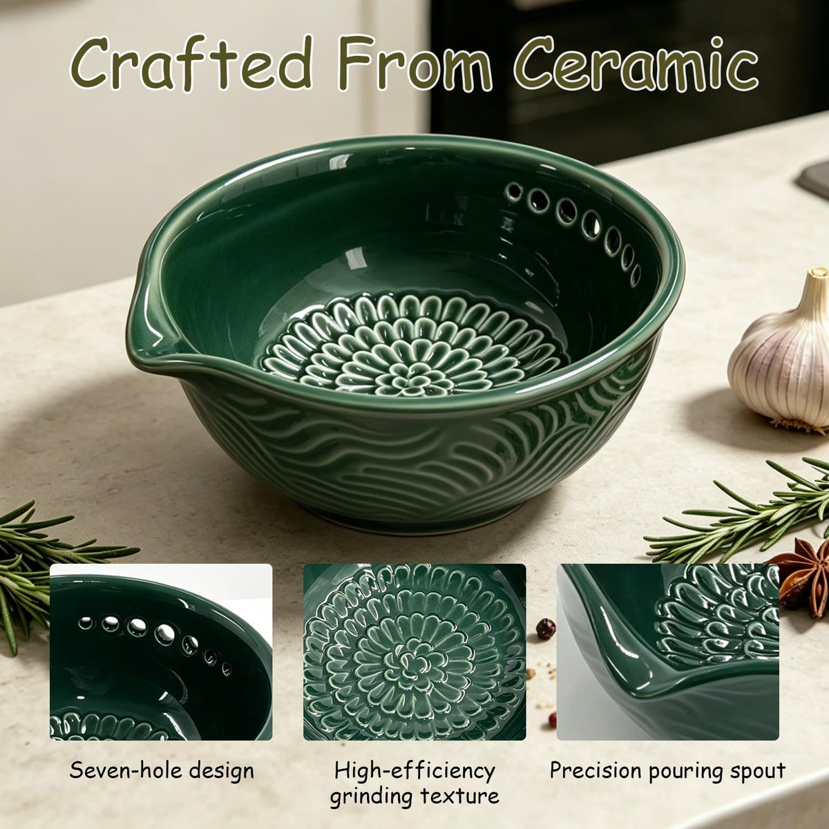 Grater Plate, 3 in 1 Handmade Tool Ceramic Bowl with Herb Stripper (Gray)