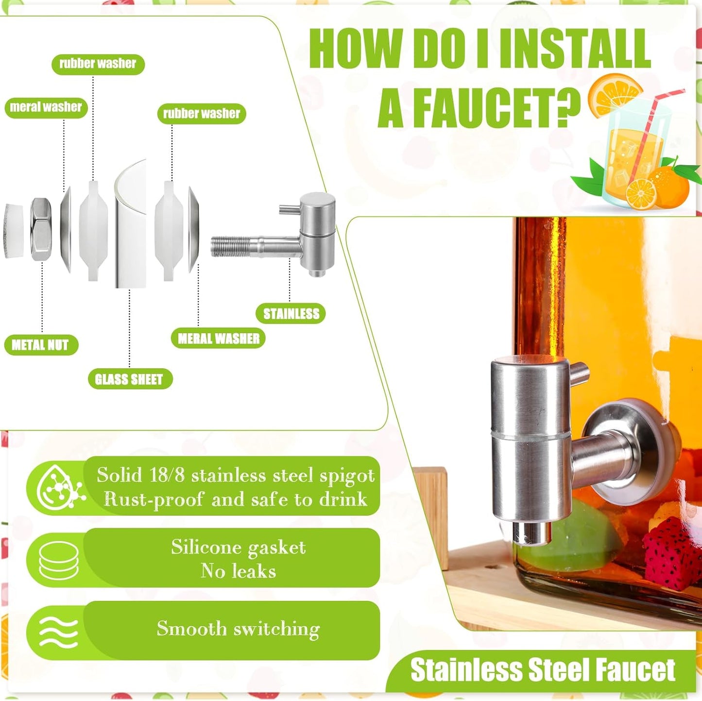 FillTouch 2 Pack 2.5 Gallon Drink Dispensers for Parties, Glass Beverage Dispensers with Bamboo Stand, Spigot and Bamboo Lid Leakproof for Lemonade Juice, Tea, Water, and Party Drinks