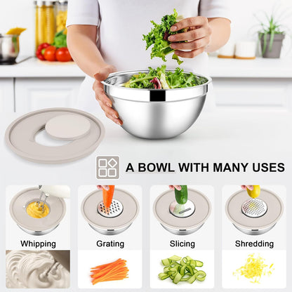 E-far Stainless Steel Mixing Bowls with Lids Set, 5-Piece Nesting Salad Bowls with 3 Grater Attachments and Non-Slip Bottoms, Size 4.6, 2.6, 2, 1.5, 1QT for Kitchen (Khaki)