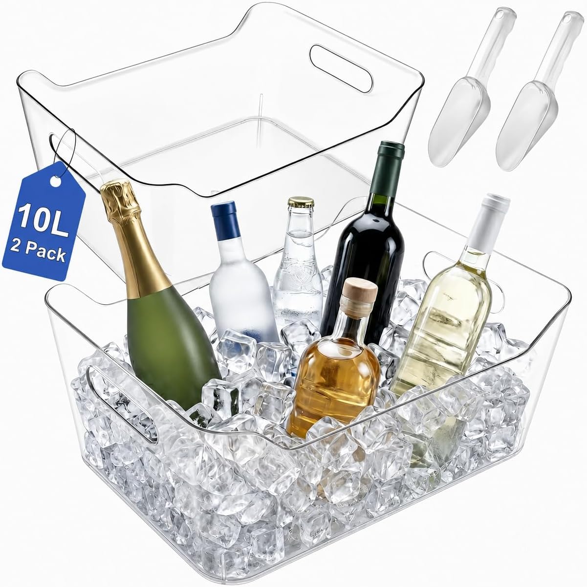 Ice Buckets for Parties, YOPIKUU 2 PCS Thickened Beverage Tub with Scoops, Large Clear Acrylic Champagne Bucket for Beverage, Wine, Beer, Mimosa Bar Supplies