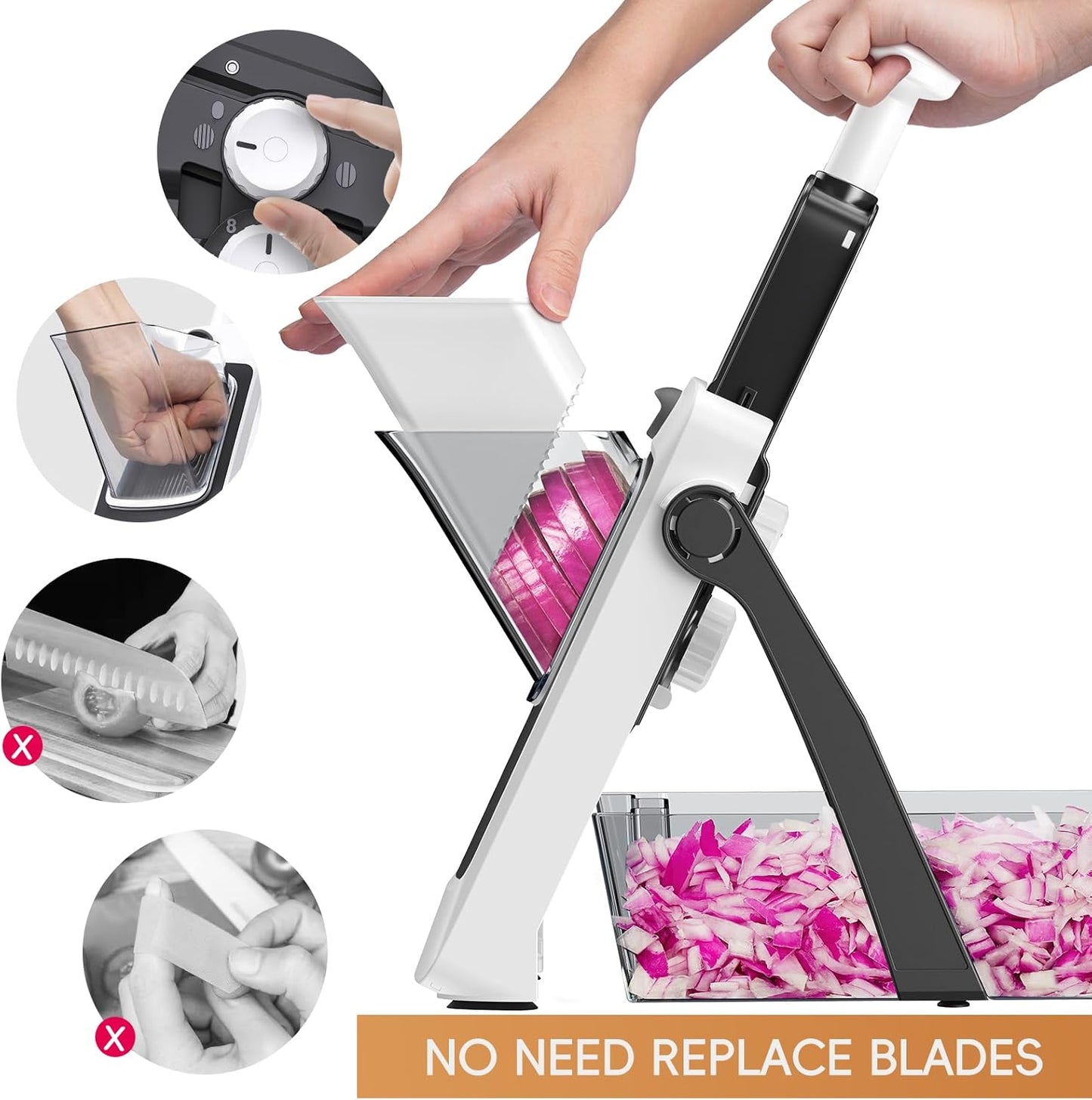 Safe Mandoline Slicer for Kitchen, Meal Prep,Potato Slicer, Adjustable/Easy to Clean/Storage, Kitchen Chopping Artifact,French Fry Cutter,Paring Knife/Cleaning Brush (only Slice, Black Knight)