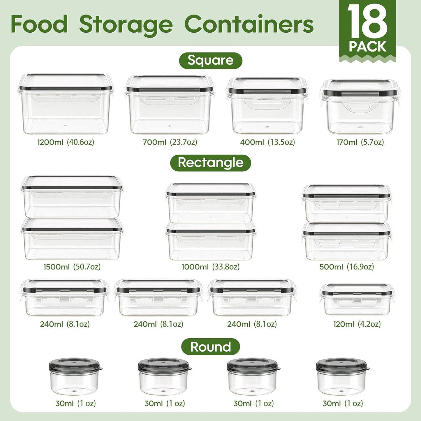 36-Piece Food Storage Containers with Lids(18 Container & 18 Lid), Plastic Food Containers for Pantry & Kitchen Storage and Organization, BPA-Free, Leak Proof, Reusable with Labels & Pen