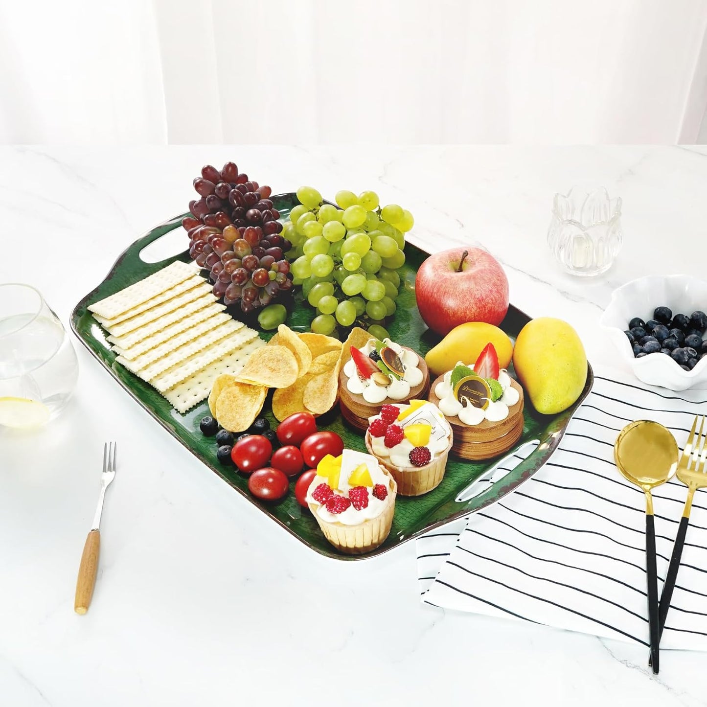 TP Large Serving Trays with Handles, 19" x 12" Melamine Serving Platters for Food, Turkey, Set of 2 Rectangular Trays for Party, Pure White