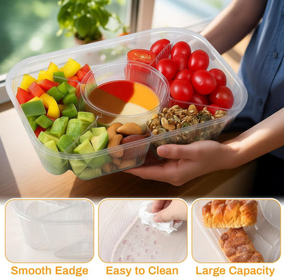 Shellwei 4 Pcs Jumbo Veggie Tray 15.6" x 11.2" x 3" Chip and Dip Platter Nacho Tray Disposable Catering Trays with Lids Divided for Veggie, Charcuterie, Taco, Salad in Party/Buffet/Travel (No Lid)