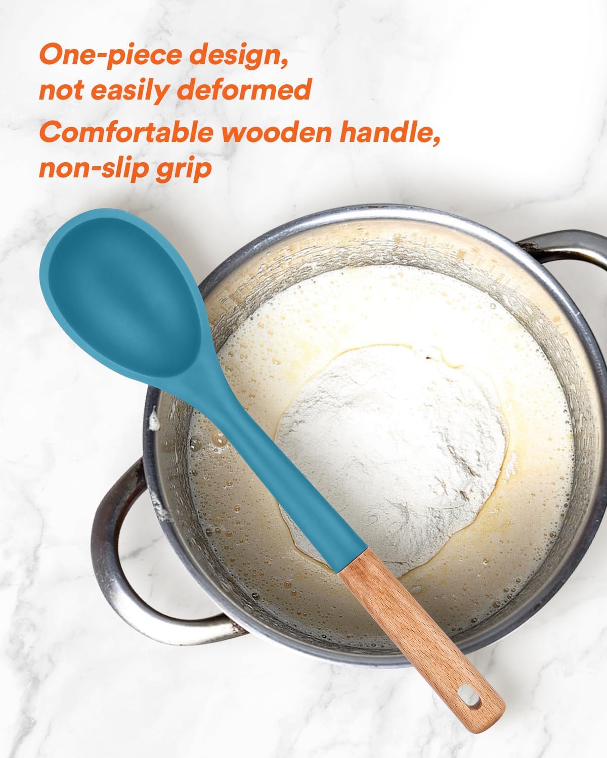 Large Silicone Cooking Spoons, Nonstick Solid Wooden Handle Spoon, Heat Resistan Silicone Kitchen Spoons for Cooking, Serving, Basting, Mixing, 13.2inch (Grey)