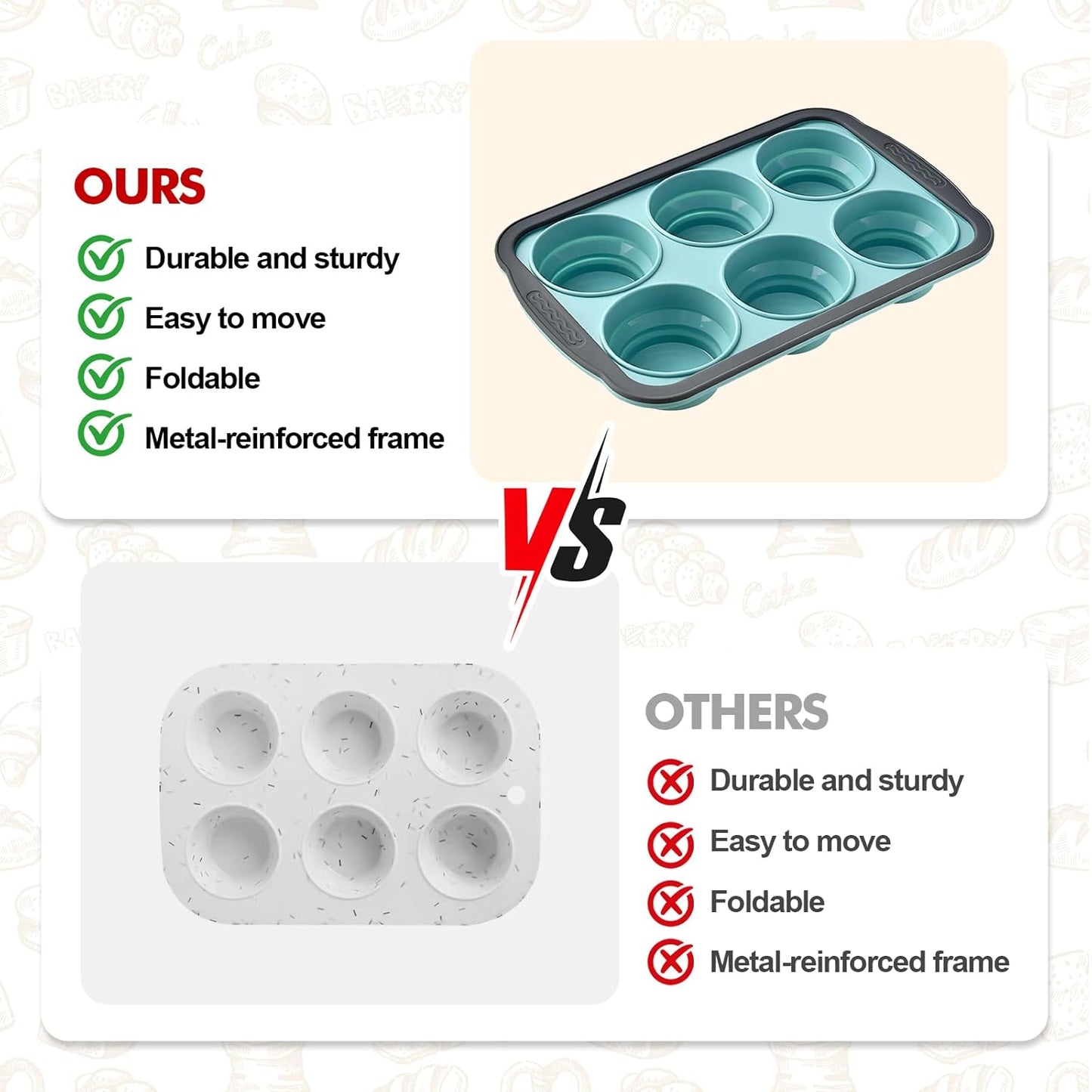 RAYBIN 2 Pack Silicone Muffin Pans for Baking with Metal Frame,Nonstick 6 Cup Silicone Cupcake Pans Egg Molds, Muffin Tins Easy to Pop Egg Baking Pan for Oven,BPA Free