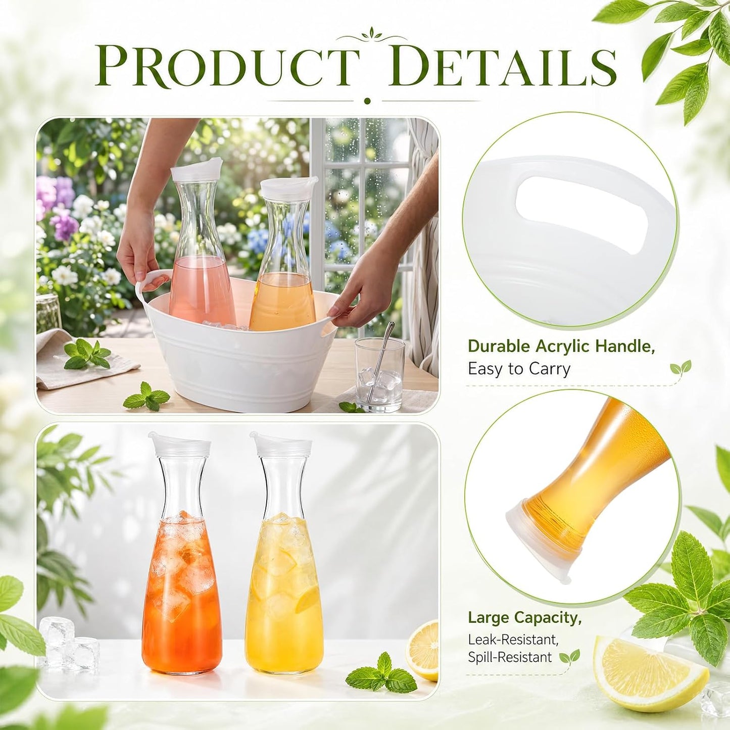 Funnymoom 6 Pcs Acrylic Ice Bucket for Parties 4l Oval Beverage Tub 47 oz Plastic Water Carafes with Lids Plastic Pitcher for Champagne Beer Wine Cocktail Iced Tea Pool Party(Clear)