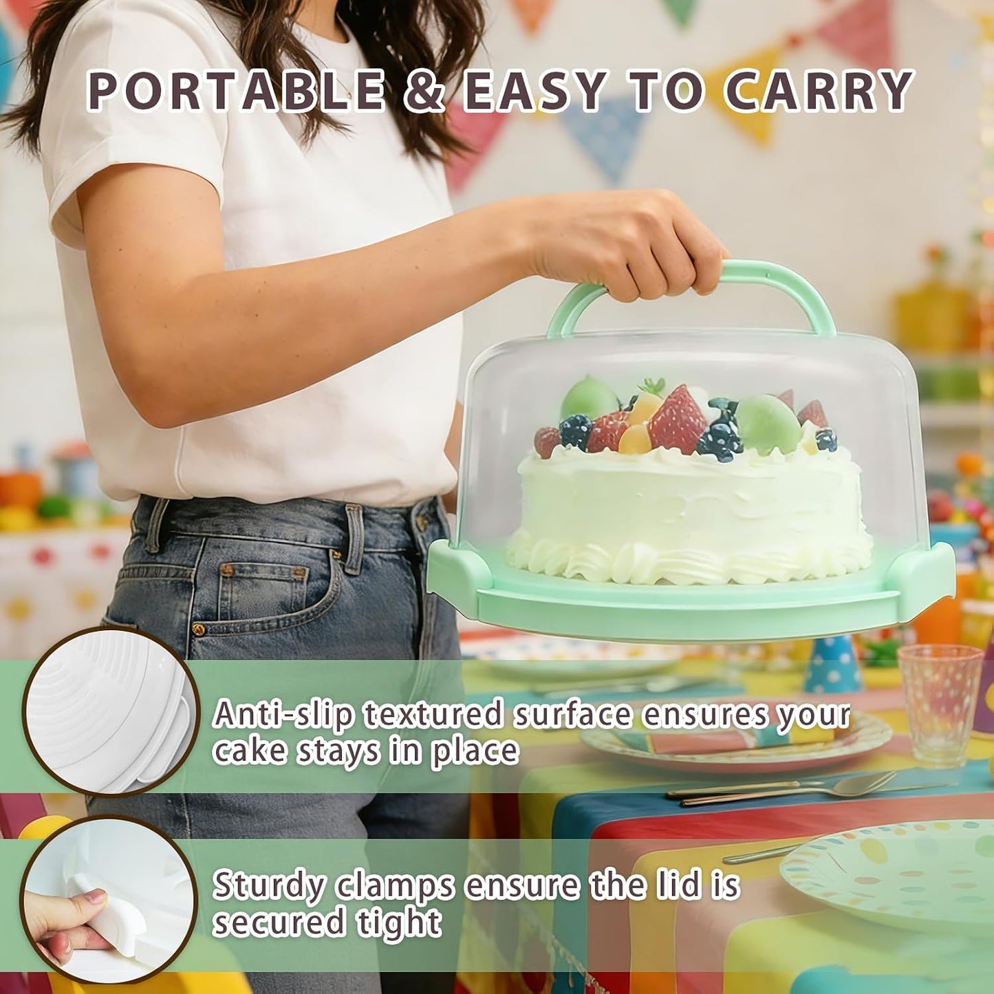Plastic Cake Carrier with Lid and Handle, Multipurpose Cake Stand Holder Container for 11 in Cake, Round Cupcake Storage Box Serving Tray with Cover for Bundt Dessert Pie Pizza Eggs Fruit White