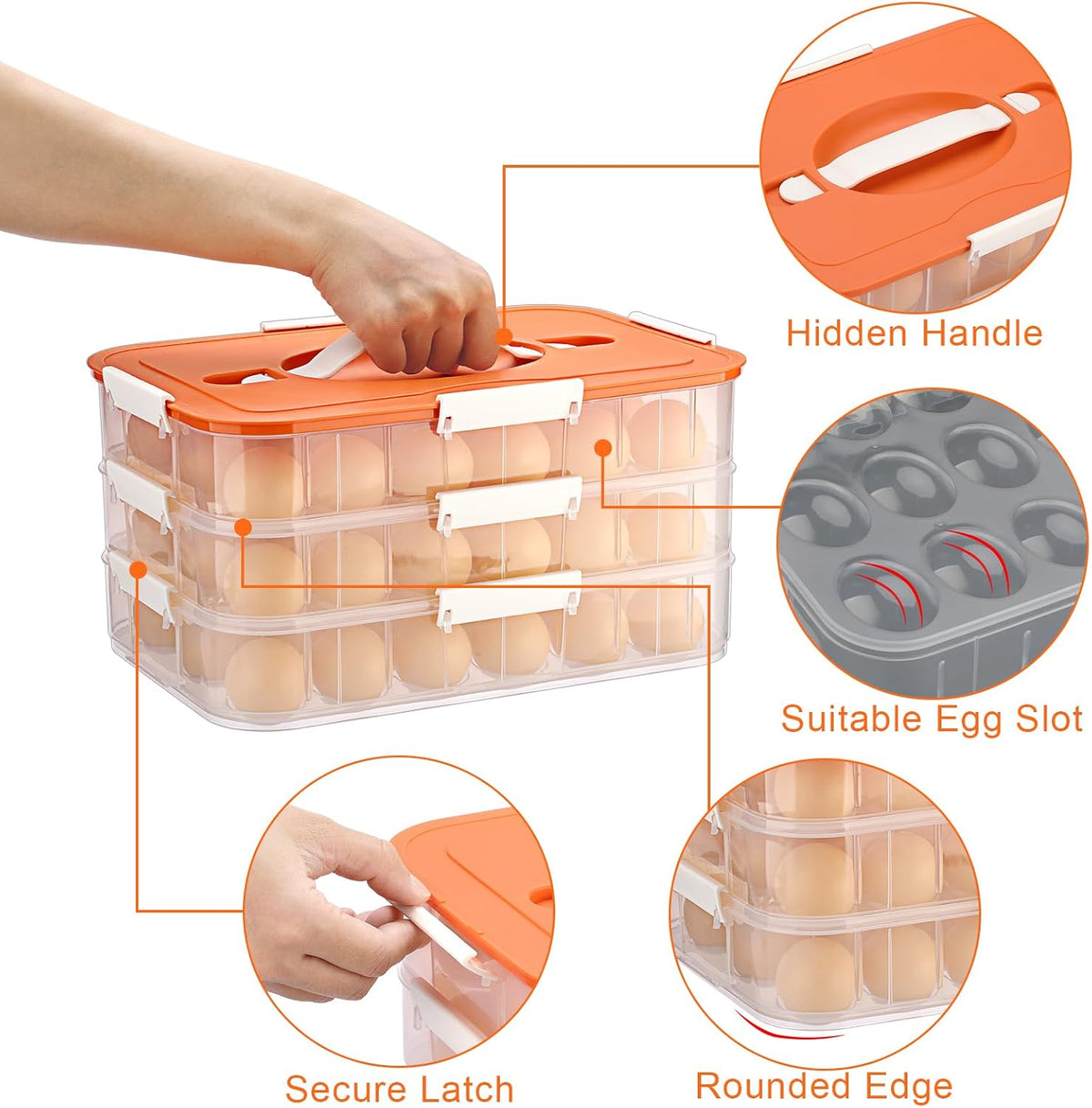 BTSKY Deviled Egg Platter with Lid, 3-Layer 54 Slots Deviled Eggs Carrier, Clear Portable Egg Holder for Fridge Reusable Deviled Eggs Tray Carton Box for Easter and Party Favor (3-Layer, Orange)
