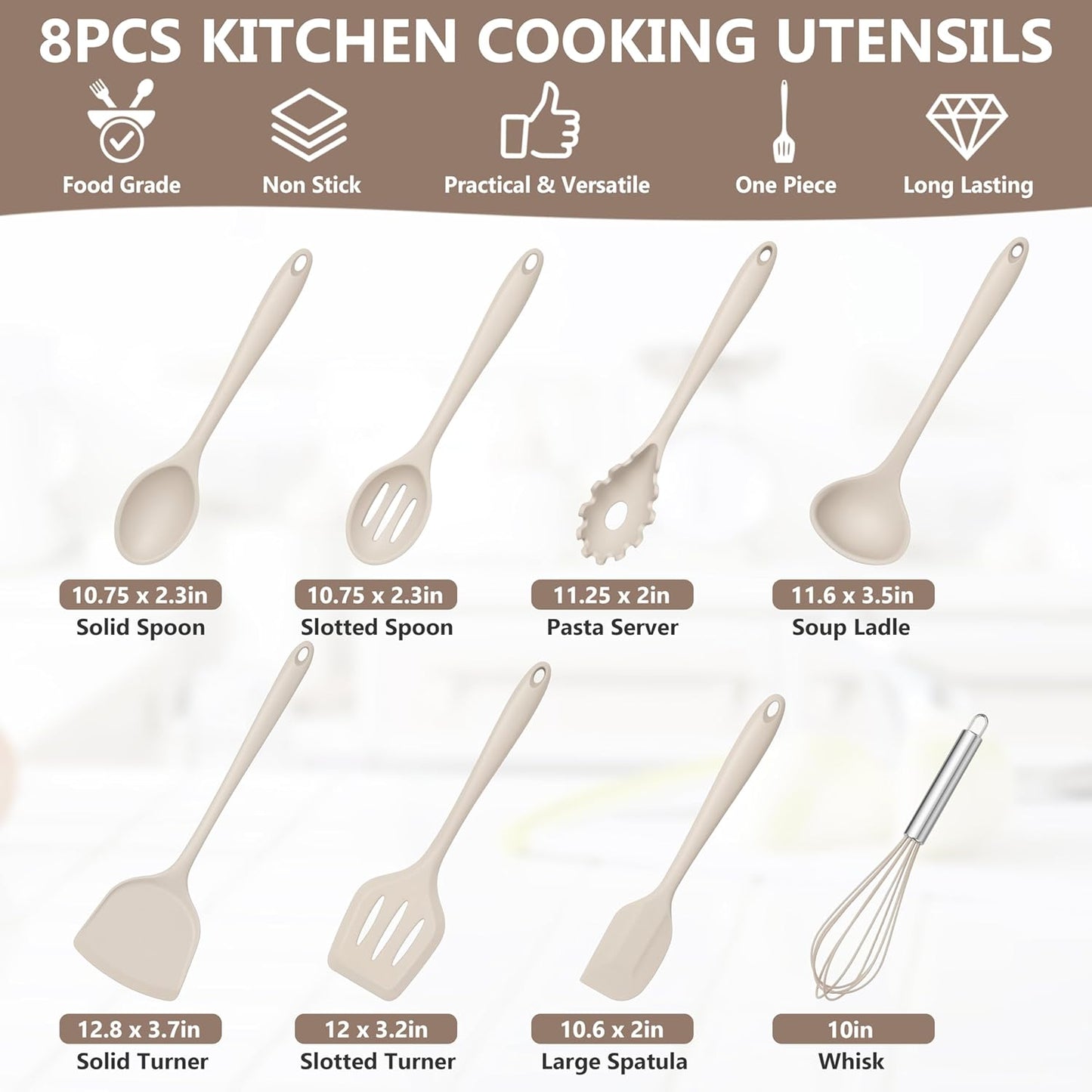TeamFar Silicone Cooking Utensils Set, 8 PCS Kitchen Utensils Set, 446°F Heat Resistant, Turner, Spatula, Spoon, Whisk, Kitchen Cooking Gadgets Tools for Nonstick Cookware, Dishwasher Safe-Khaki