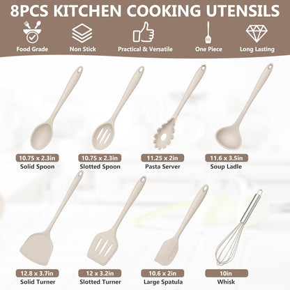 TeamFar Silicone Cooking Utensils Set, 8 PCS Kitchen Utensils Set, 446°F Heat Resistant, Turner, Spatula, Spoon, Whisk, Kitchen Cooking Gadgets Tools for Nonstick Cookware, Dishwasher Safe-Khaki