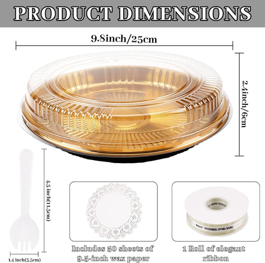 30 Pack 10 Inch Disposable Pie Carrier with Lid, Round Pie Platters Plastic Serving Tray, Catering Trays with Lids for Pies, Pizza, Desserts (Gold Bottom + Clear Lid)