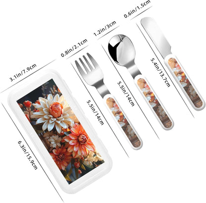 3-Piece Children Utensils Set Orange Flowers Knife Spoon Fork Set Stainless Steel Silverware Set Easy-Grip Reusable Utensils Set Child Flatware Set with Case for Lunch Travel