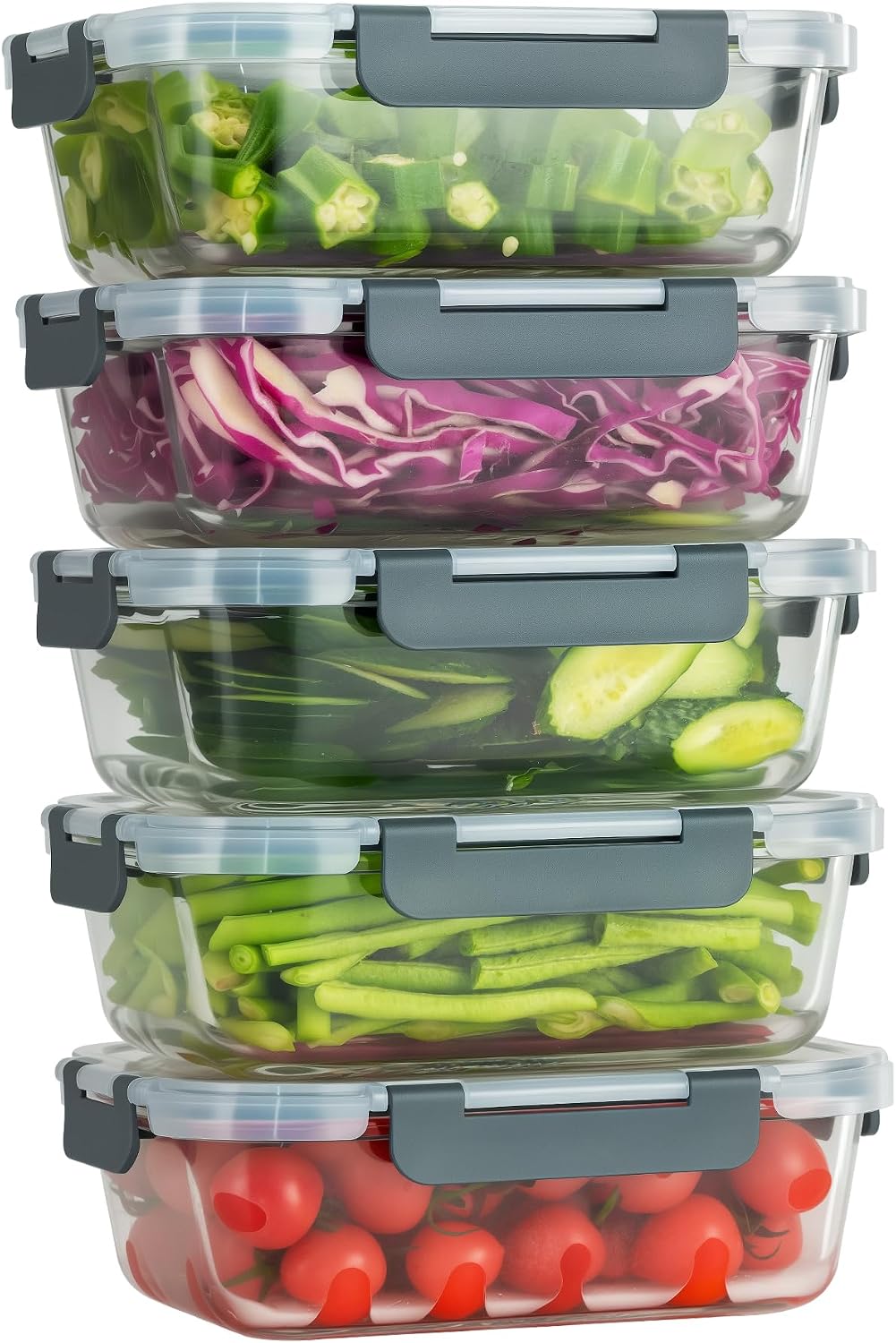 10-Pack Meal Prep Containers with Snap Locking Lids, Glass Airtight Lunch, Food Storage Containers, Microwave, Oven, Freezer and Dishwasher Friendly, Gray