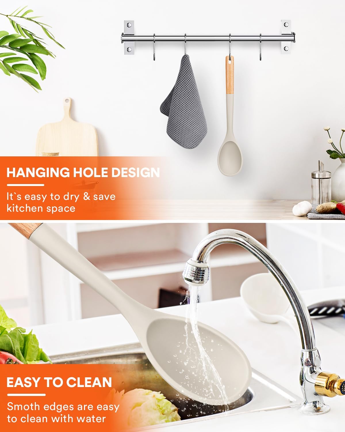 Large Silicone Cooking Spoons, Nonstick Solid Wooden Handle Spoon, Heat Resistan Silicone Kitchen Spoons for Cooking, Serving, Basting, Mixing, 13.2inch (Grey)