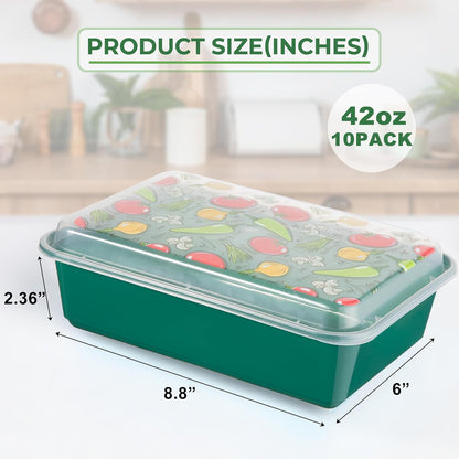 10 Pack 42 oz Meal Prep Containers, Reusable Plastic Food Prep Storage Containers with Printed Lids, Stackable, Leakproof, Microwave & Freezer & Dishwasher Safe,To Go Take Out Box, Avocado