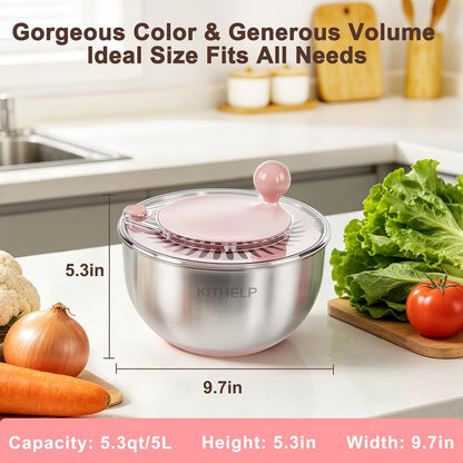 Stainless Steel Salad Spinner Large, Vegetables Fruits Wash Bowl with Strainer, Lettuce Spinner Dryer with Lid and 5 Blades Slicer, Egg Yolk Strainer, Shredder for Efficient Salad Preparation 5.3Qt