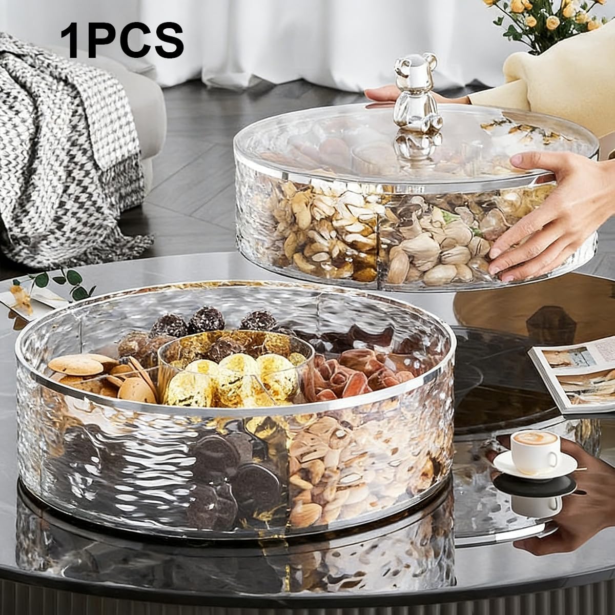 Rotating Snack Tray with Lid 6 Compartments Food Storage Organizer for Dried Fruits, Nuts, Candies, Veggie, Cookies Snack Serving Tray
