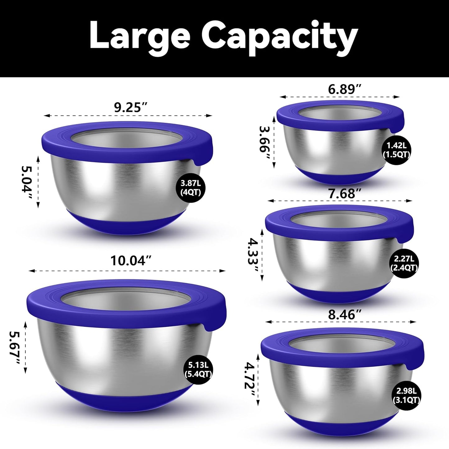 KITEISCAT Stainless Steel Mixing Bowls with Lids – Set of 5 Large Nesting Metal Bowls for Kitchen, Baking, Cooking, Food Prep & Storage, Non-Slip Base, Dishwasher Safe,Khaki