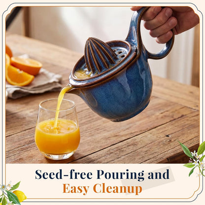 Sawysine Ceramic Lemon Squeezer Manual Citrus Juicer with Strainer Hand Press Lime Orange Reamer with 8.45 oz Cup Strainer Lid Spout Handle for Citrus Fruits Home Kitchen Bar(Classic,Dark Blue)