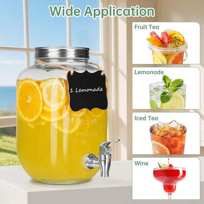 1 Gallon Glass Beverage Dispenser Jars, Ice Juice Dispenser with Leak Proof Faucet and Metal Stand for Parties & Wedding (2 Pack Jars）