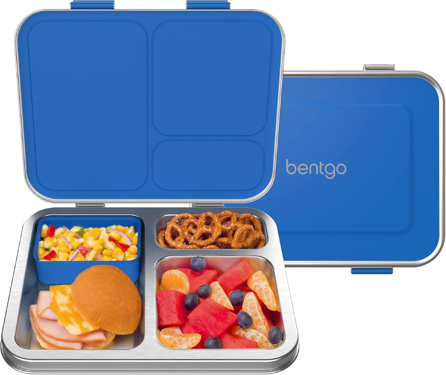 Bentgo Kids Stainless Steel Leak-Resistant Lunch Box - 3-Compartments with Bonus Silicone Container, Durable, Eco-Friendly, Dishwasher Safe, BPA-Free, Ideal for School, Ages 3+ (Silver)