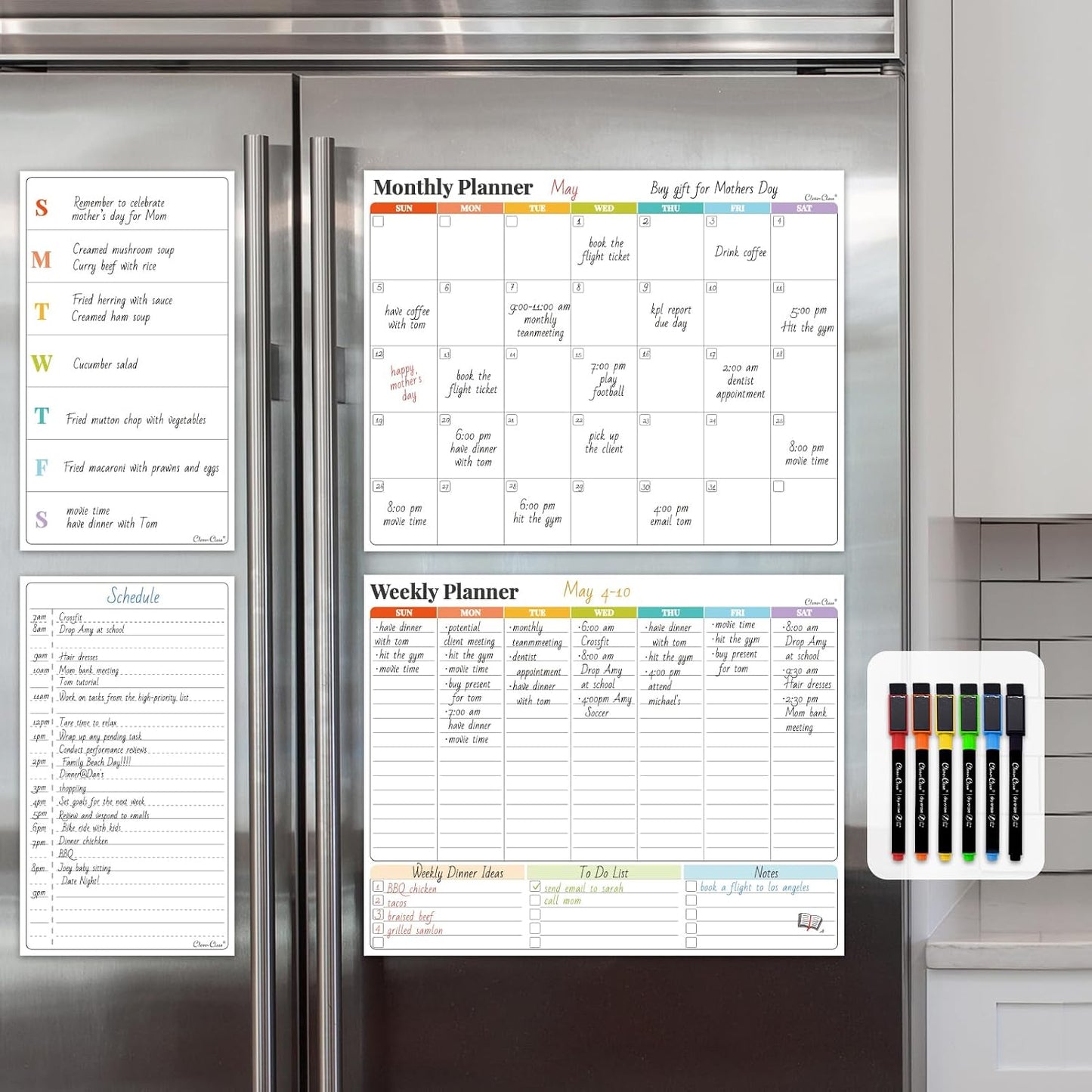 Non-Magnetic Dry Erase Calendar Set for Fridge - 14.5“x11.5 Reusable Monthly and Weekly Calendar - 6.5"x11.5" Menu and List Board Sticks to Most Smooth Surfaces - 6 Dry Erase Markers Included