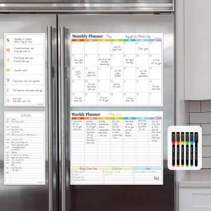 Non-Magnetic Dry Erase Calendar Set for Fridge - 14.5“x11.5 Reusable Monthly and Weekly Calendar - 6.5"x11.5" Menu and List Board Sticks to Most Smooth Surfaces - 6 Dry Erase Markers Included