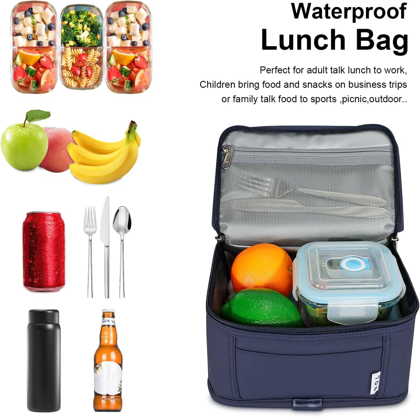NOL Mini Insulated Lunch Bag for Women Men Kids | Small Leakproof Reusable Lunch Tote | Fits 6 Cans 330ml | Thermal Cooler for Work School Picnic Camping, Navy blue