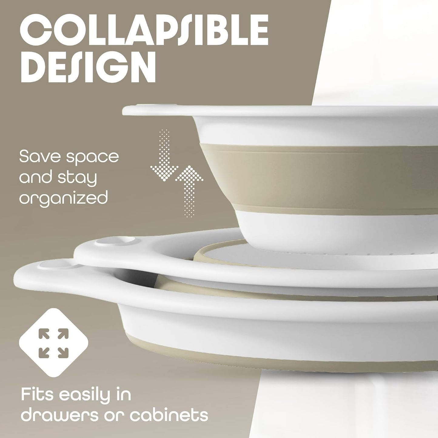 Gevoli 3-Pack Collapsible Colanders with Self-Draining Base, Over Sink-edge Silicone Food Strainers, Small/Med/Large Sizes, Nesting for Easy Compact Storage (3Qt, 4Qt, 5-Quart Set) Green/Gray