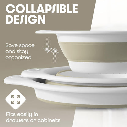 Gevoli 3-Pack Collapsible Colanders with Self-Draining Base, Over Sink-edge Silicone Food Strainers, Small/Med/Large Sizes, Nesting for Easy Compact Storage (3Qt, 4Qt, 5-Quart Set) Green/Gray