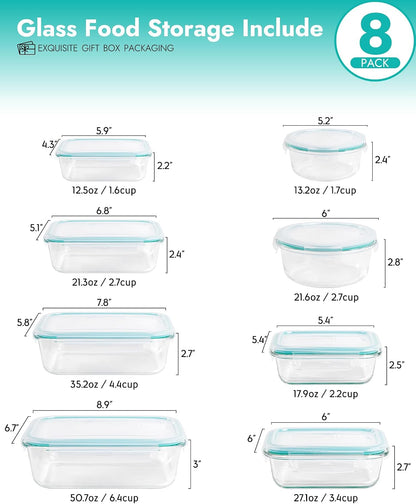 8-Pack Borosilicate Glass Food Storage Containers Set with Airtight Lids - Oven, Microwave & Freezer Safe, Leak-Proof, BPA-Free - Baking, Meal Prep & Gift Ready