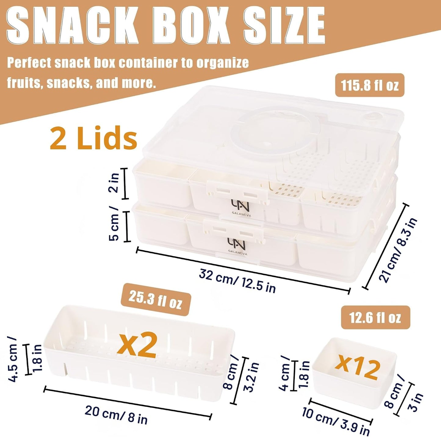 Snackle Box Container - 10 Compartments Including 2 XL, Dishwasher & Microwave Safe, Divided Serving Tray with Lid and Handle, BPA-Free, snack box (1 PCS, White, 1 Box with 2 XL Compartments)