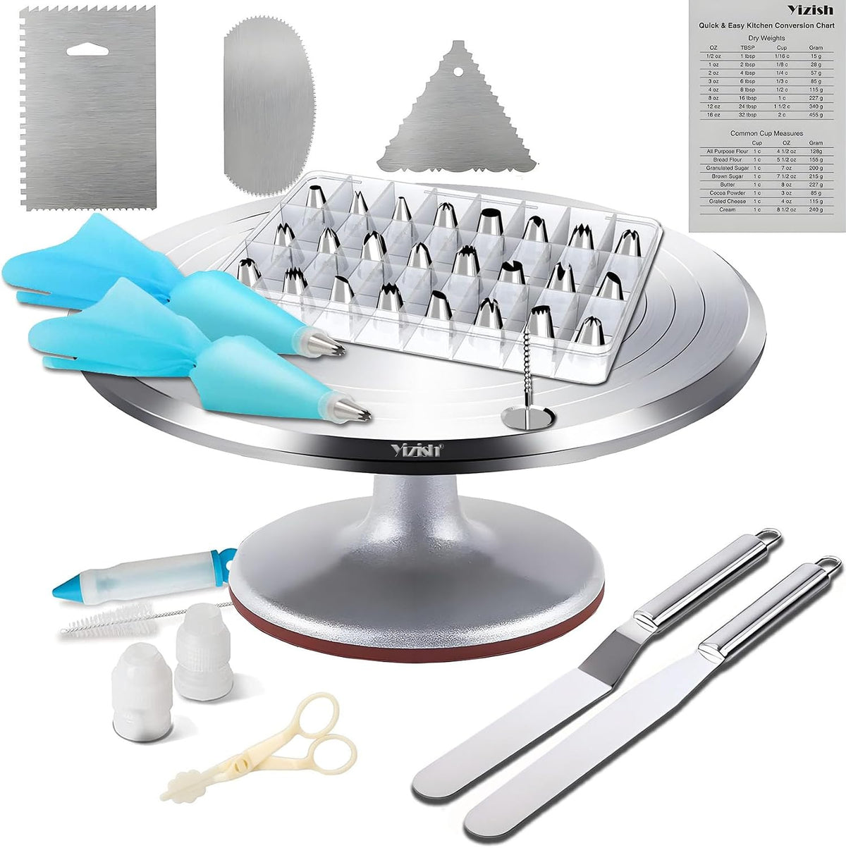 Yizish Cake Turntable Aluminum Alloy & Piping Bags and Tips Set, Rotating Cake Stand Decorating Kits with Stainless Steel Cake Spatulas and Scrapers for Baking, Pastries and Cupcakes, Gift Set