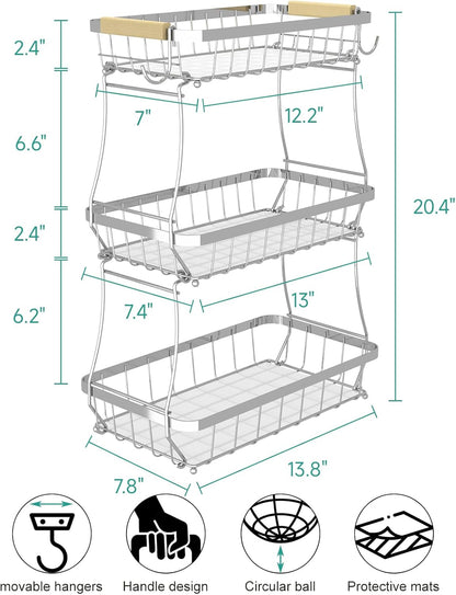 Sevenblue 2 Tier Large Fruit Basket for Kitchen Counter with 2 Mobile Banana Hangers, 2026 Pro Detachable Metal Fruit Bowl with Wooden Handle, Fruit Holder for Bread Snack Veggies with Protective Mats