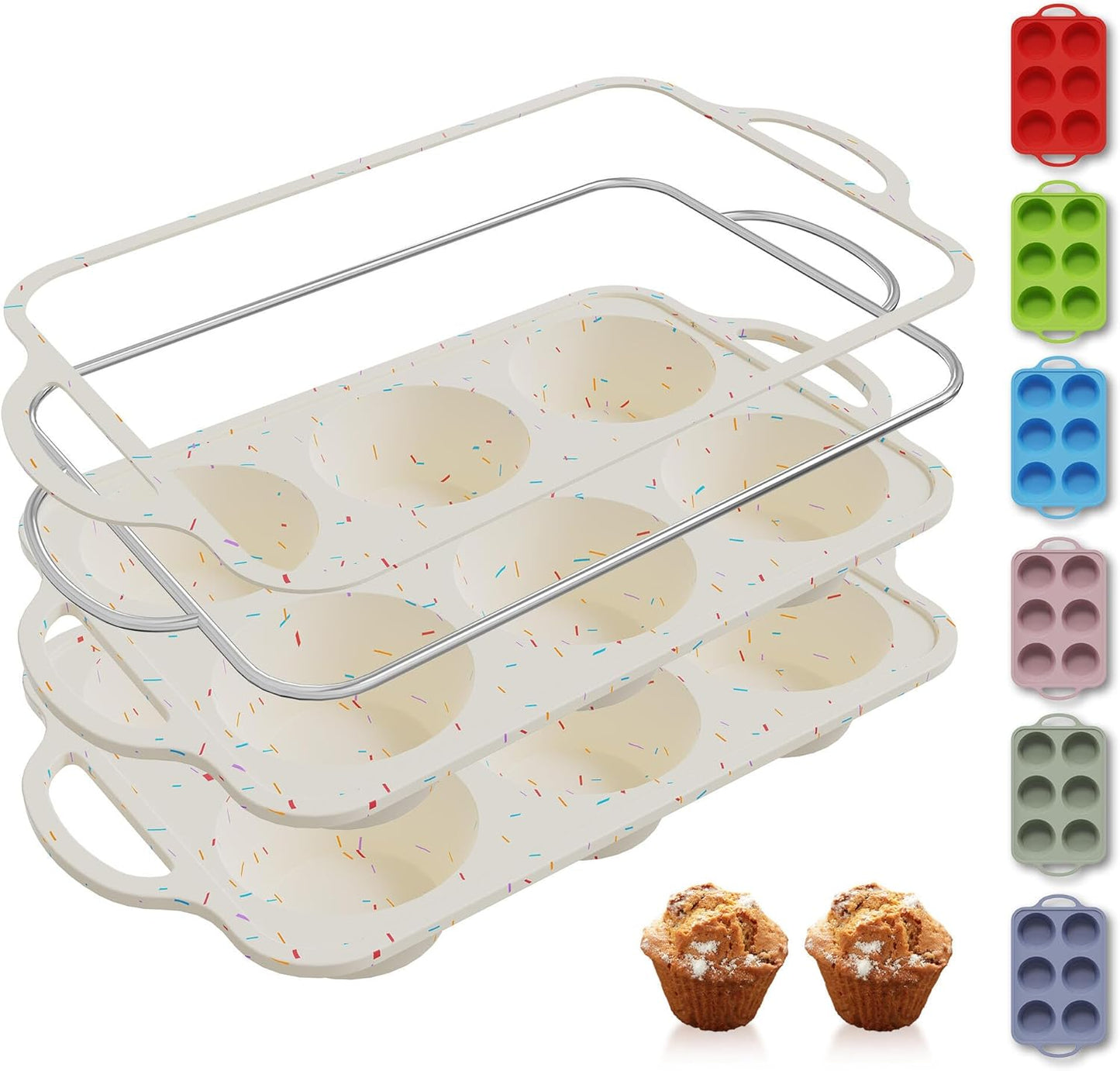 2 Packs 12 Cups Silicone Muffin Pan for Baking with Metal Reinforced Frame Regular Size Cupcake Pan Tray Egg Bites Silicone Cookie Molds Muffin Tin Tart Pans Sheet Set for Oven Dishwasher Safe