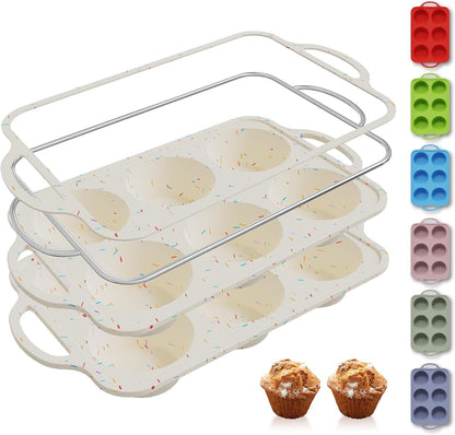 2 Packs 12 Cups Silicone Muffin Pan for Baking with Metal Reinforced Frame Regular Size Cupcake Pan Tray Egg Bites Silicone Cookie Molds Muffin Tin Tart Pans Sheet Set for Oven Dishwasher Safe